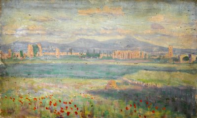 Mediterraan landschap met klaprozen op de voorgrond en ommuurde stad op de achtergrond door Arthur Haythorne Studd