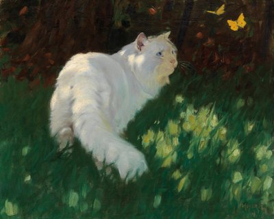 Witte kat en vlinders door Arthur Heyer