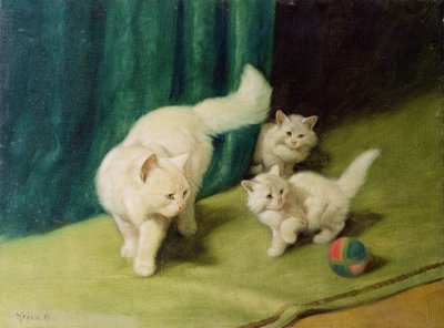 Witte Perzische Kat met Twee Kittens door Arthur Heyer