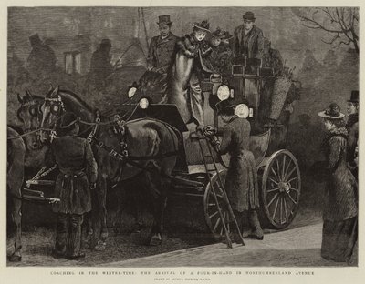 Koetsen in de wintertijd, de aankomst van een vierspan in Northumberland Avenue door Arthur Hopkins