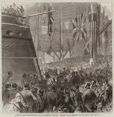 Tewaterlating van de schroefkorvet Druid in Deptford Dockyard, prinses Louise laat de Dog-Shore los door Arthur Hopkins