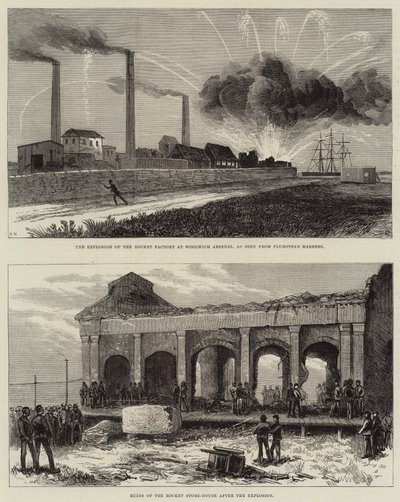 De explosie van de raketfabriek in Woolwich Arsenal door Arthur Hopkins