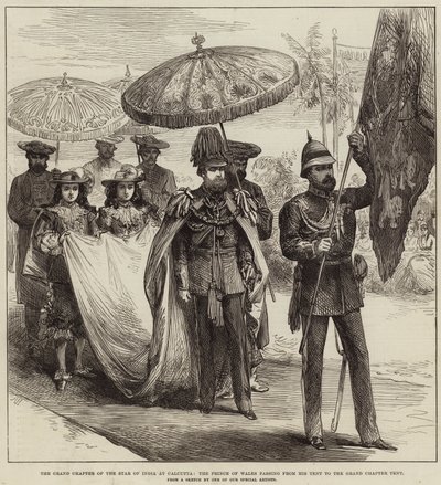 Het Grote Hoofdstuk van de Ster van India in Calcutta, de Prins van Wales die van zijn Tent naar de Grote Hoofdstuktent gaat door Arthur Hopkins