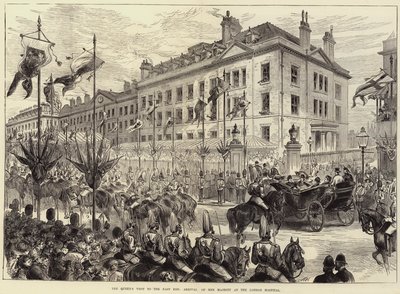 Het bezoek van de koningin aan East End, aankomst van Hare Majesteit bij het London Hospital door Arthur Hopkins