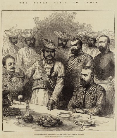 Het koninklijk bezoek aan India, Scindia stelt de gezondheid van de Prins van Wales voor in Gwalior door Arthur Hopkins