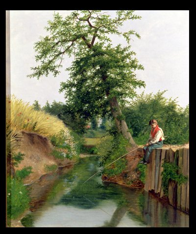 Een jongen aan het vissen door Arthur Hughes