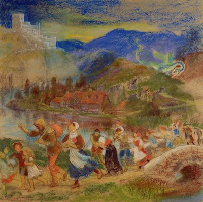 Dorpelingen vluchten voor een draak door Arthur Hughes