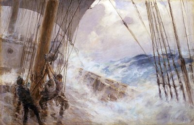 Manoeuvres om het zeil van de hoofdmast te laten zakken in de storm door Arthur John Briscoe