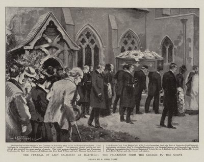 De begrafenis van Lady Salisbury in Hatfield, de processie van de kerk naar het graf (litho) door Arthur Kemp Tebby