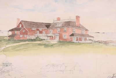 Houten huis bij het water, misschien een vroeg idee voor Cliffs, Manchester, Mass..., ca. 1879 door Arthur Little