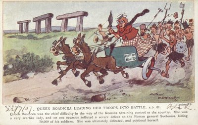 Koningin Boadicea leidt haar troepen in de strijd, 61 na Christus (kleurenlitho) door Arthur Moreland