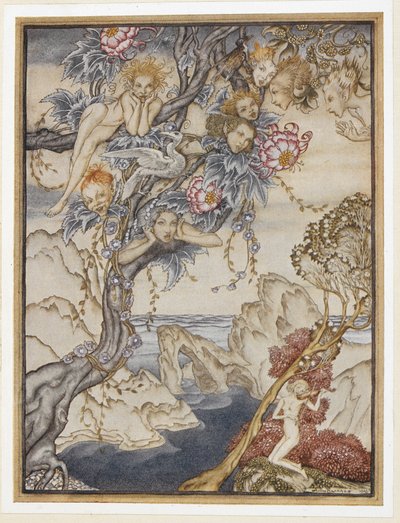 ACT III: Scene II, regel 144 Het eiland is vol geluiden, klanken en zoete lucht, die vreugde geven en niet kwetsen. door Arthur Rackham