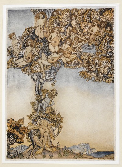 ACT III: Scene II, regel 146
Soms zullen duizend snaren
Om mijn oren zoemen. door Arthur Rackham