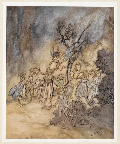 ACT IV: Scene I, regel 138 Bepaalde maaiers komen binnen, goed gekleed. Juno en Ceres sturen Iris om enkele nimfen en maaiers te halen om een volksdans uit te voeren. door Arthur Rackham
