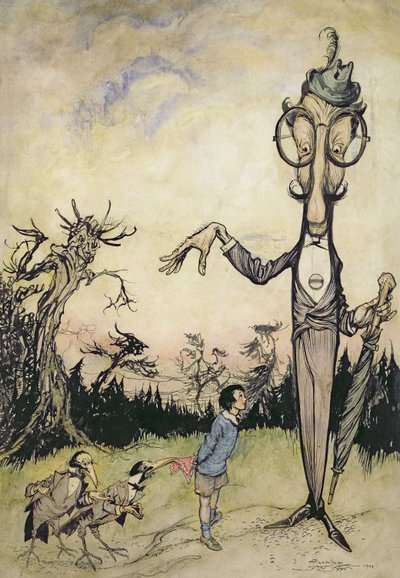 Een reus met een kind en twee kraaien, illustratie uit Het boek van Betty Barber door Maggie Brown door Arthur Rackham