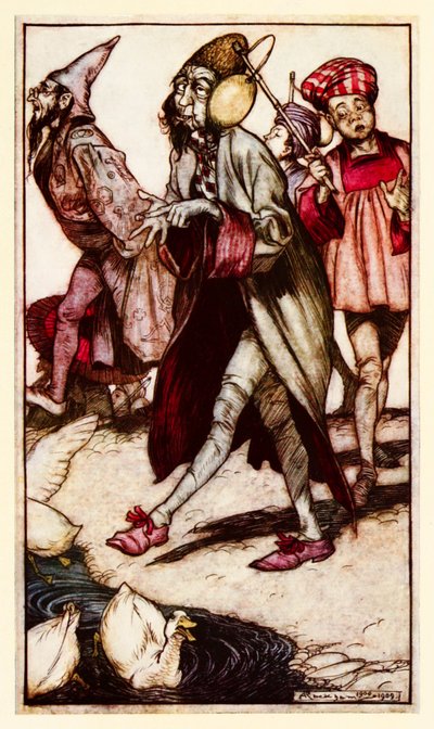 Een Laputaanse heer maakt een wandeling, uit Deel III: Een reis naar Laputa enz. in Gullivers Reizen door Jonathan Swift door Arthur Rackham