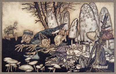 Een groep arbeiders die een paddenstoel aan het zagen waren, rende weg en liet hun gereedschap achter, uit Peter Pan in Kensington Gardens door J M Barrie (1860 - 1937), pub. 1906 door Arthur Rackham
