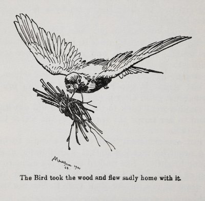 Een vogel die een bundel takken draagt door Arthur Rackham
