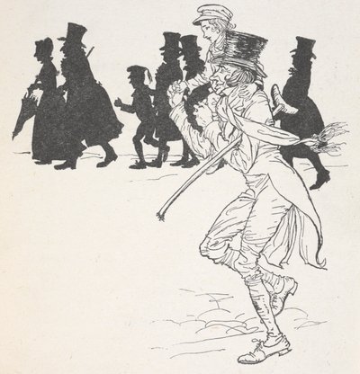 Een jongen die op de schouders van een man wordt gedragen door Arthur Rackham