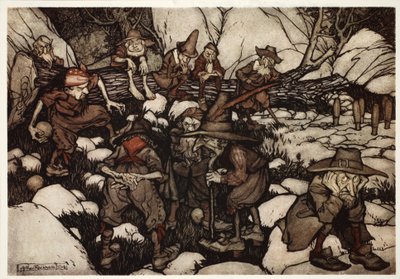Een gezelschap van vreemd uitziende personen die kegelen., uit Rip Van Winkle door Washington Irving, uitgegeven 1910 door Arthur Rackham