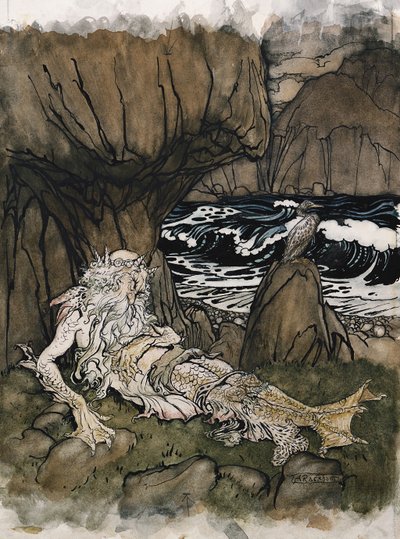 Een gekroonde "meerman", een zeegod slapend op een rotsachtige kust door Arthur Rackham