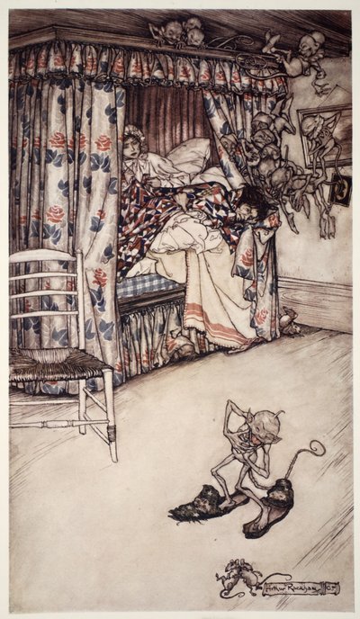 Een preek achter het gordijn is beter dan alle preken in de wereld om de deugden van geduld en lijdzaamheid te leren, uit Rip Van Winkle door Washington Irving, pub. 1910 door Arthur Rackham