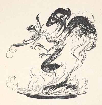 Een draak die uit een bord brandend geld komt door Arthur Rackham