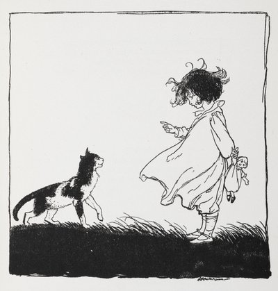 Een meisje met een pop berispt haar kat door Arthur Rackham