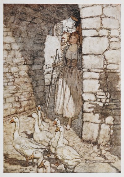 Een meisje met ganzen door Arthur Rackham