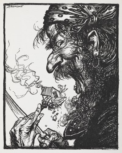 Een grote man eet een kleine dame en haar huis op door Arthur Rackham