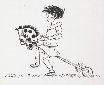 Een klein meisje op een speelgoed hobbelpaard door Arthur Rackham