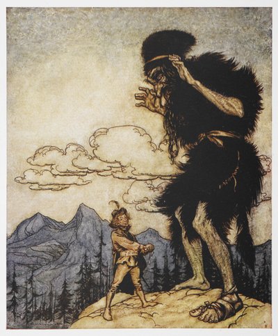 Een man en een reus uit De Dappere Kleermaker door Arthur Rackham