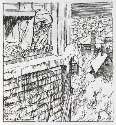Een man die uit een raam kijkt door Arthur Rackham