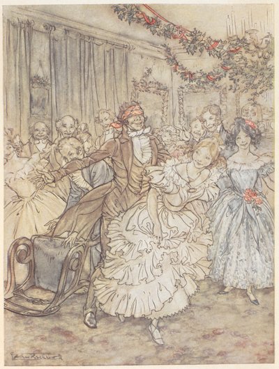 Een feest waarbij blindemannetje wordt gespeeld. Een geblinddoekte man achtervolgt een vrouw in een jurk met ruches door Arthur Rackham