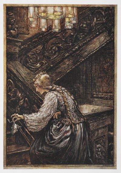 Een prinses die een kikker draagt uit De Kikkerkoning door Arthur Rackham