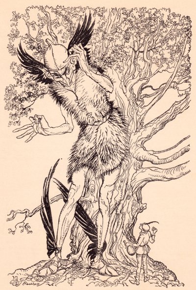 Een verschrikkelijke kerel half zo groot als de boom waar hij naast stond. Illustratie door Arthur Rackham uit Grimm