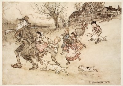 Een troep vreemde kinderen rende achter hem aan, joelend en wijzend naar zijn grijze baard., uit Rip Van Winkle door Washington Irving, pub. 1910 door Arthur Rackham
