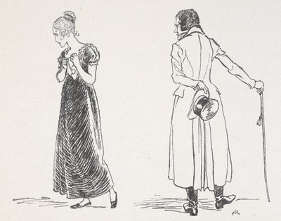 Een jong stel dat ruzie maakt, de vrouw heeft zich omgedraaid en klemt een zakdoek tegen haar borst door Arthur Rackham