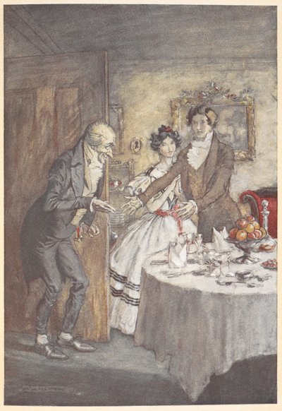 Een jonge man en vrouw verwelkomen Scrooge voor een maaltijd in hun eetkamer door Arthur Rackham