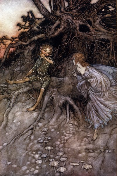 Act II, Scene I Puck & een fee; Puck geeft toe dat hij die vrolijke nachtelijke zwerver is. Illustratie door Arthur RACKHAM (1867-1939) voor De Droom van een Zomernacht door William SHAKESPEARE door Arthur Rackham