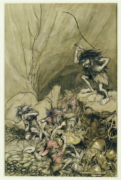 Alberich rijdt in een groep Nibelungen beladen met goud en zilver schat, een illustratie uit Het Rheingold en de Valkyrie door Richard Wagner door Arthur Rackham