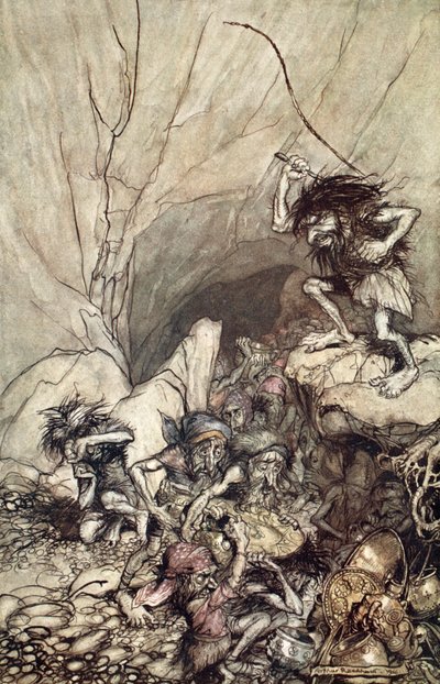 Alberich rijdt in een groep Nibelungen met goud- en zilverschatten, 1910 door Arthur Rackham