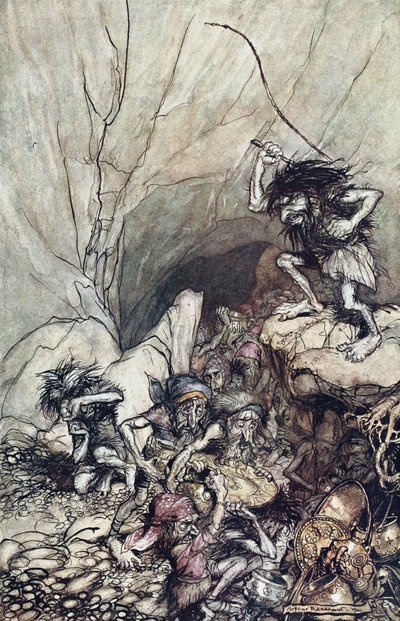 Alberich rijdt in een groep Niblungen beladen met goud en zilver schat. Illustratie voor De Rhi door Arthur Rackham