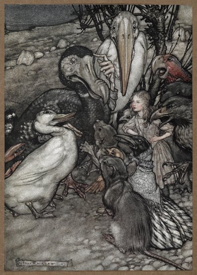 Alice en de dieren na de Caucus Race, inclusief een dodo, een eend, een rat, een kraai en een papegaai door Arthur Rackham