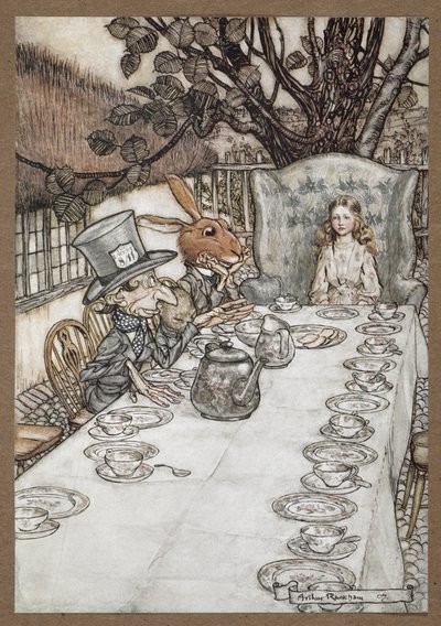 Alice bij het theekransje van de Gekke Hoedenmaker met de Maartse Haas, de Slaapmuis en de Gekke Hoedenmaker door Arthur Rackham