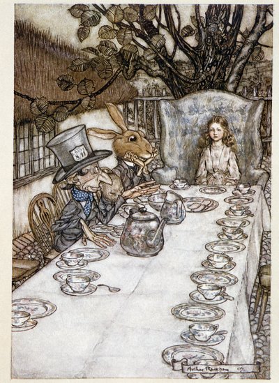 Alice neemt de "in de dwazen" (De Hoedenmaker en de Maartse Haas) - in "De Avonturen van Alice in Wonderland", Lewis Carroll, ill. door Arthur Rackham door Arthur Rackham