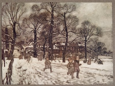 Een middag toen de tuinen wit waren van de sneeuw, uit Peter Pan in Kensington Gardens door J M Barrie (1860 - 1937), pub. 1906 door Arthur Rackham