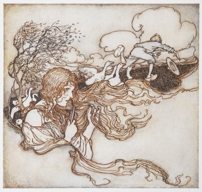 Een illustratie van een meisje dat haar haar borstelt met ganzen en een jongen op de achtergrond, uit De Ganzenhoedster door Arthur Rackham