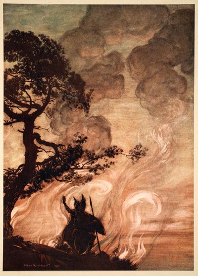 Terwijl hij langzaam weggaat, kijkt Wotan verdrietig terug naar Brunnhilde door Arthur Rackham
