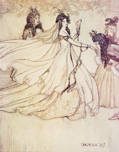 Assepoester gaat naar het bal, uit De Sprookjes van de Gebroeders Grimm, uitgegeven 1909 door Arthur Rackham